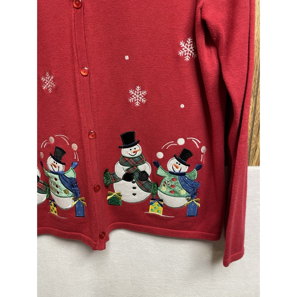 CROFT‎ & BARROW woman L Red Cardigan Sweater Button Christmas Snowmen Snowflakes - Picture 2 of 8